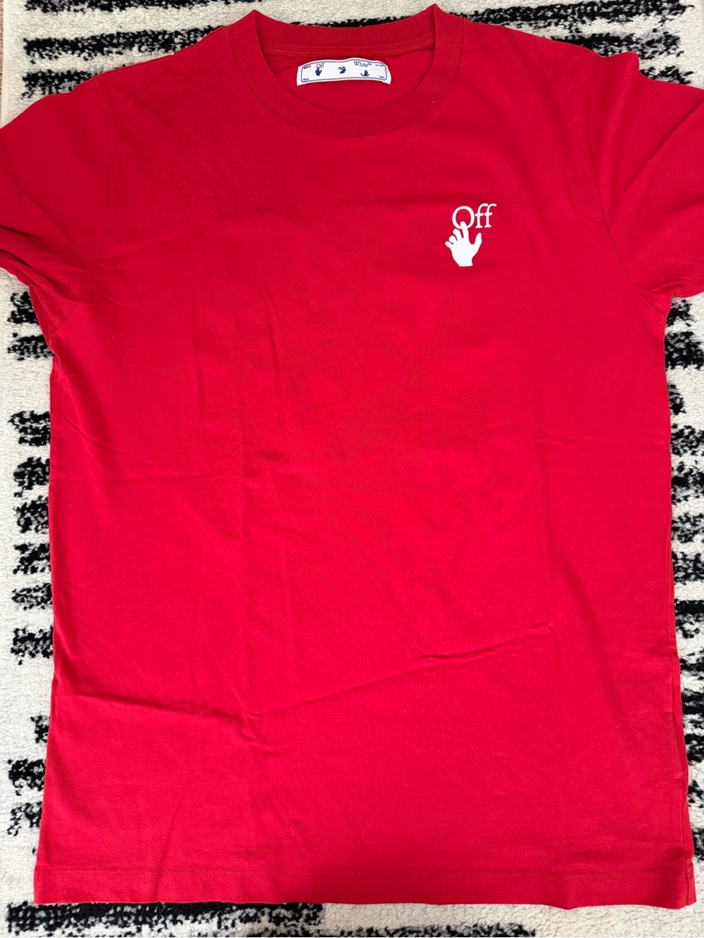 Off-White men’s Red Crewneck Tee with White Hand Logo
